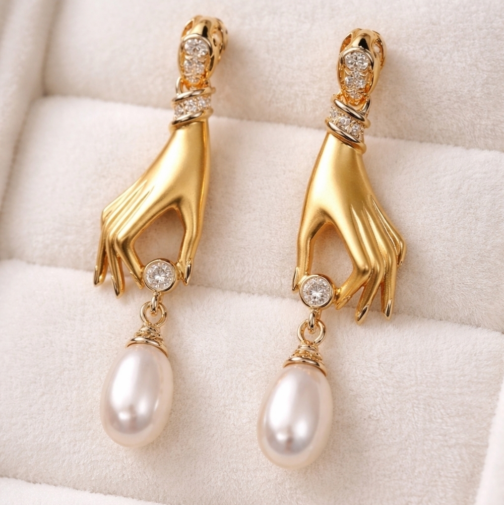 Victorian Golden Hands Baroque Pearl Drop Earrings - Picture 1 of 4